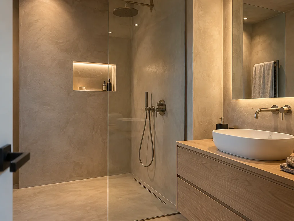 Salle de bain en béton ciré avec douche à l'italienne et niche éclairée – béton ciré à Nyon